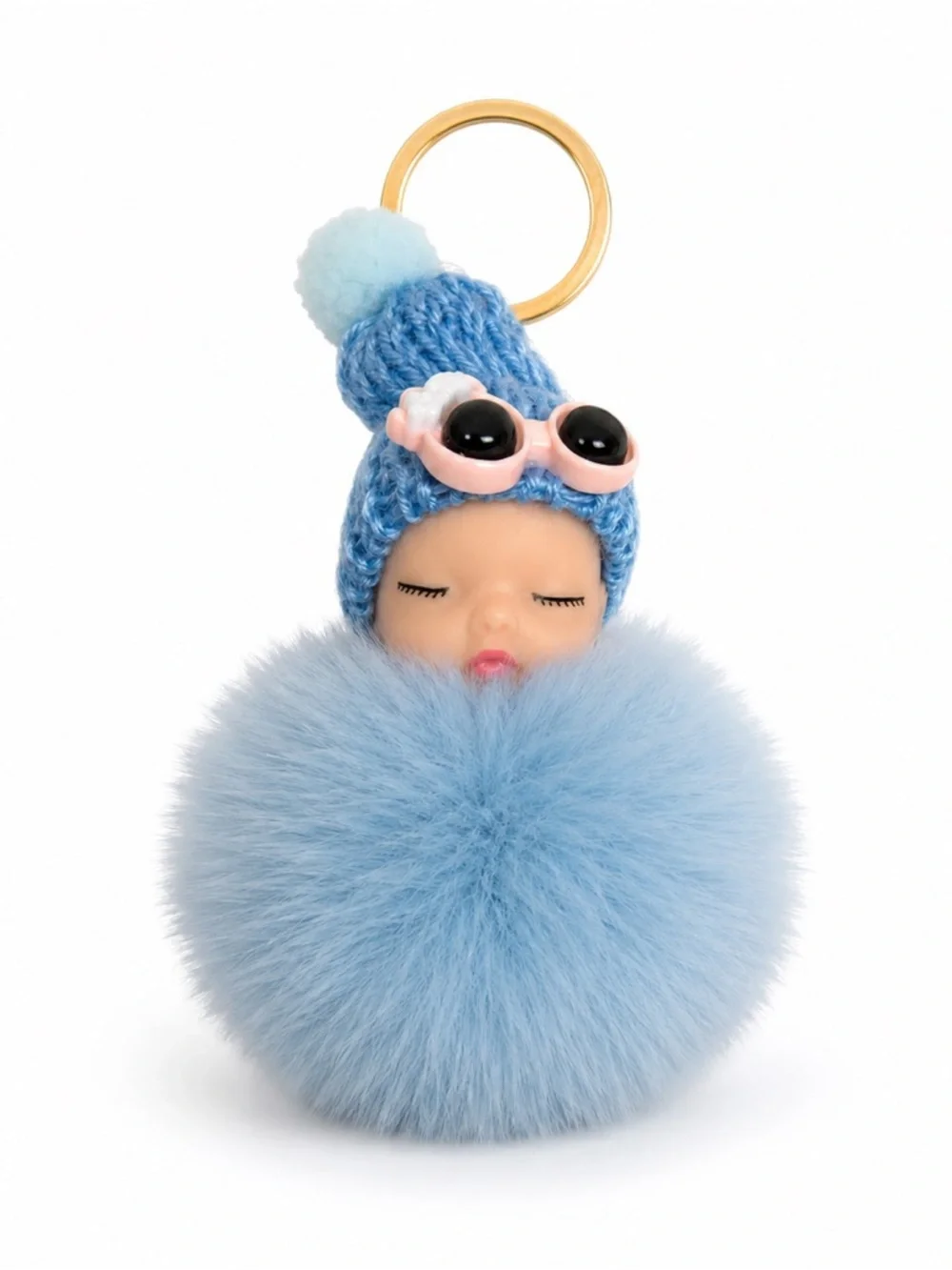 Sleeping Baby Faux Fur Pom Pom Keychain Purse Charm | 9 Colors